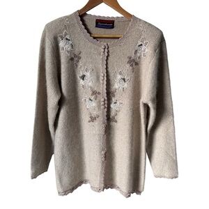 Vintage Legerdemain Angora Embroidered Floral Crochet Cardigan Beige Women's M/L